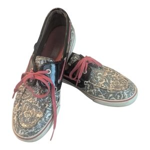 Sperry Top Sider Biscayne Black White Floral Print Sequins Boat Shoes Women's 8M